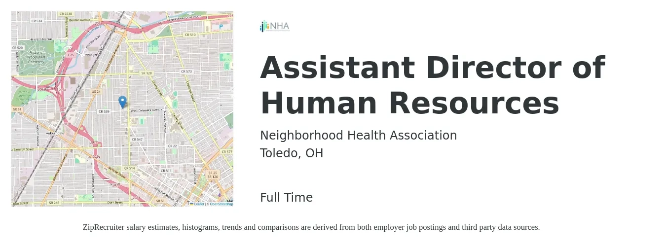 Neighborhood Health Association job posting for a Assistant Director of Human Resources in Toledo, OH with a salary of $49,700 to $92,500 Yearly with a map of Toledo location.