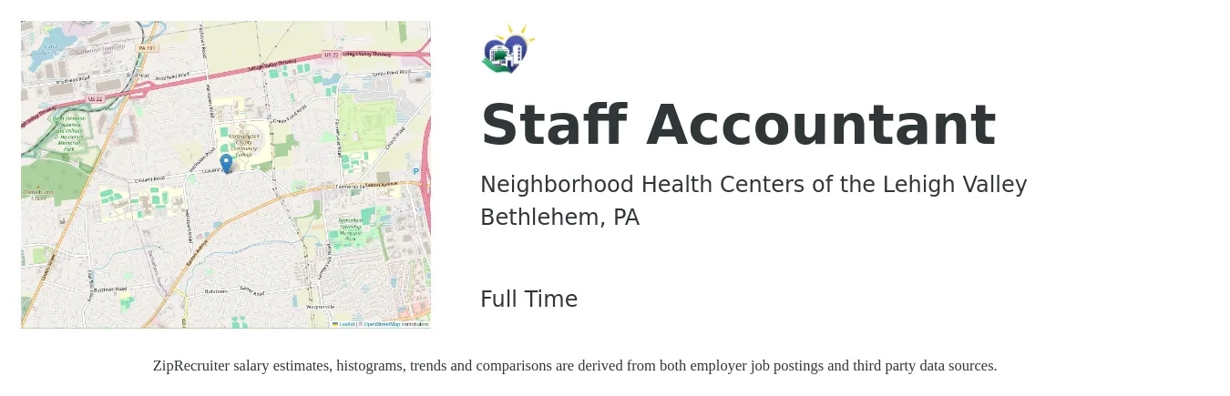 Neighborhood Health Centers of the Lehigh Valley job posting for a Staff Accountant in Bethlehem, PA with a salary of $54,300 to $71,600 Yearly with a map of Bethlehem location.
