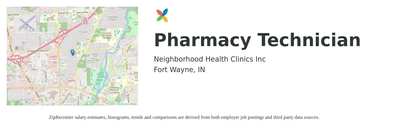 Neighborhood Health Clinics Inc job posting for a Pharmacy Technician in Fort Wayne, IN with a salary of $16 to $20 Hourly with a map of Fort Wayne location.