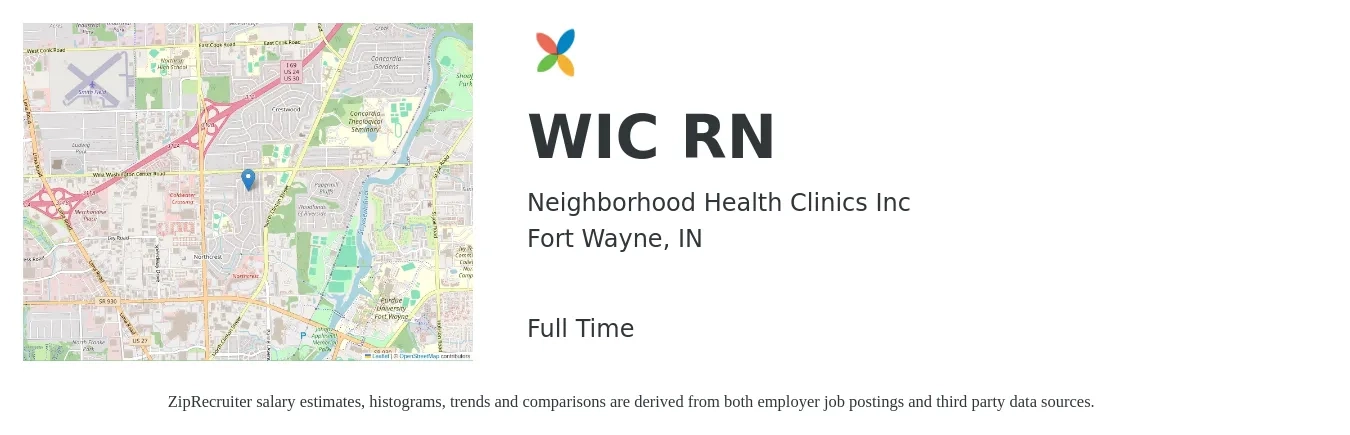 Neighborhood Health Clinics Inc job posting for a WIC RN in Fort Wayne, IN with a salary of $32 to $50 Hourly with a map of Fort Wayne location.