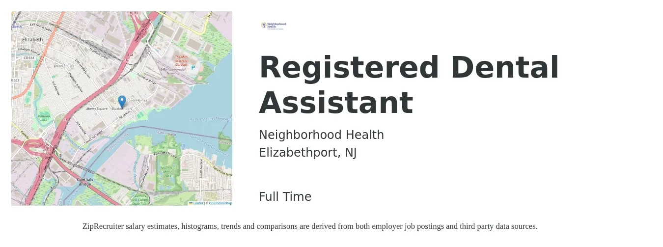 Neighborhood Health job posting for a Registered Dental Assistant in Elizabethport, NJ with a salary of $18 to $26 Hourly with a map of Elizabethport location.