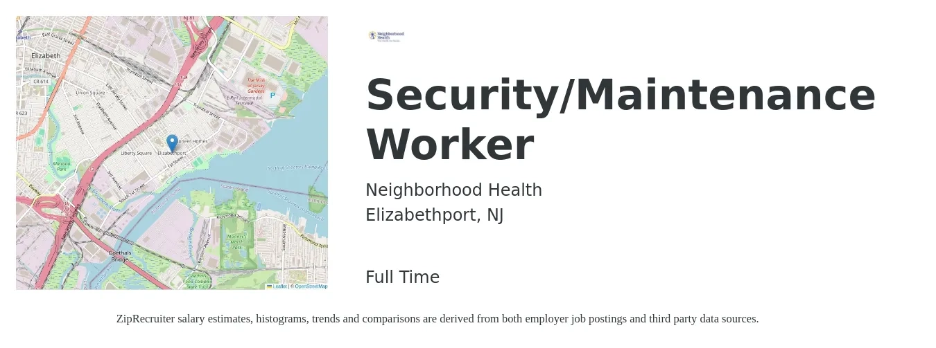 Neighborhood Health job posting for a Security/Maintenance Worker in Elizabethport, NJ with a salary of $18 to $25 Hourly with a map of Elizabethport location.