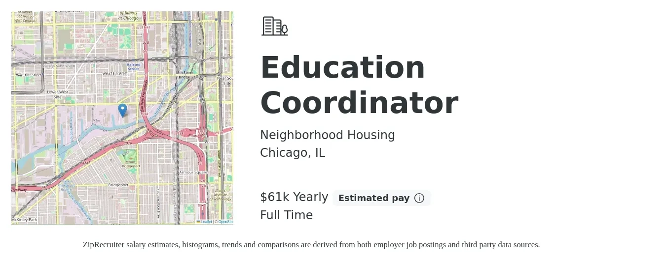 Neighborhood Housing job posting for a Education Coordinator in Chicago, IL with a salary of $61,000 Yearly with a map of Chicago location.