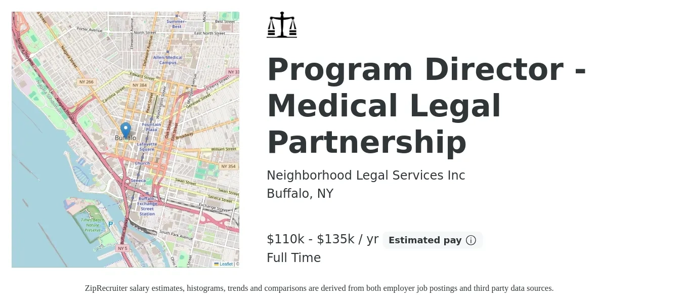 Neighborhood Legal Services Inc job posting for a Program Director - Medical Legal Partnership in Buffalo, NY with a salary of $90,000 to $110,000 Yearly with a map of Buffalo location.