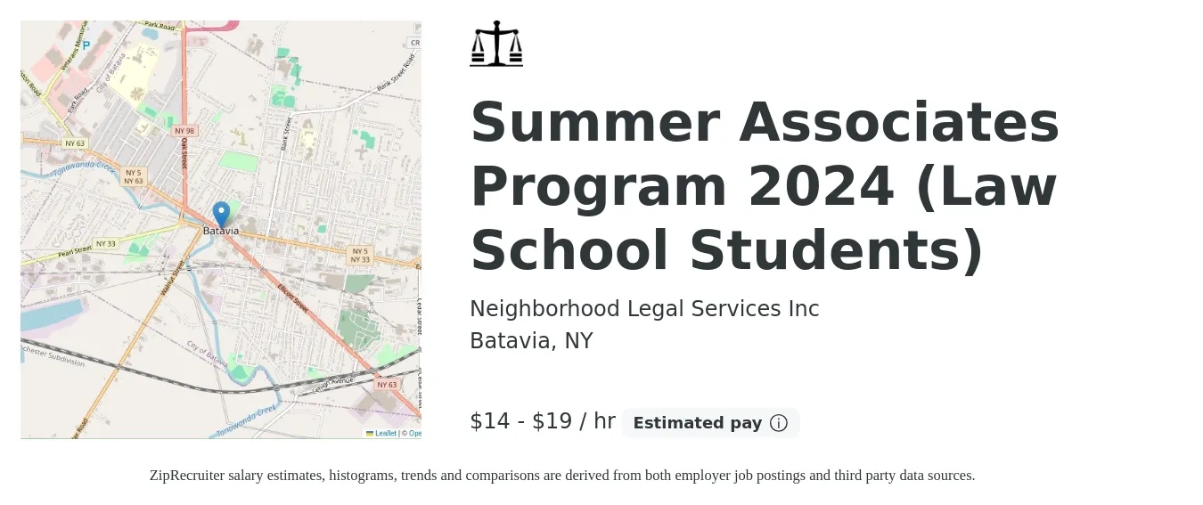 Neighborhood Legal Services Inc job posting for a Summer Associates Program 2024 (Law School Students) in Batavia, NY with a salary of $15 to $20 Hourly with a map of Batavia location.