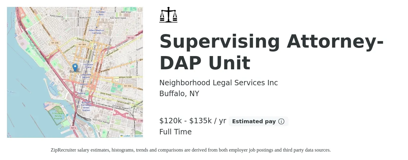 Neighborhood Legal Services Inc job posting for a Supervising Attorney-DAP Unit in Buffalo, NY with a salary of $90,000 to $120,000 Yearly with a map of Buffalo location.