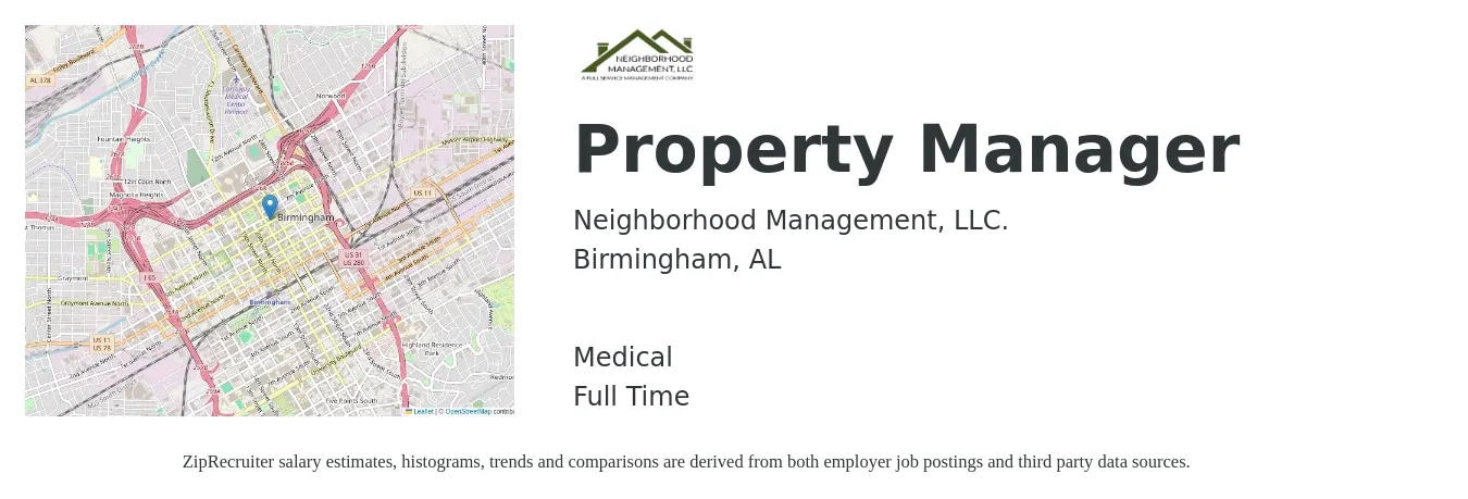 Neighborhood Management, LLC. job posting for a Property Manager in Birmingham, AL with a salary of $41,200 to $63,700 Yearly and benefits including medical, pto, and retirement with a map of Birmingham location.