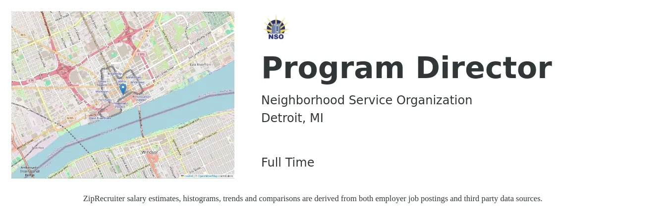Neighborhood Service Organization job posting for a Program Director in Detroit, MI with a salary of $46,400 to $80,900 Yearly with a map of Detroit location.