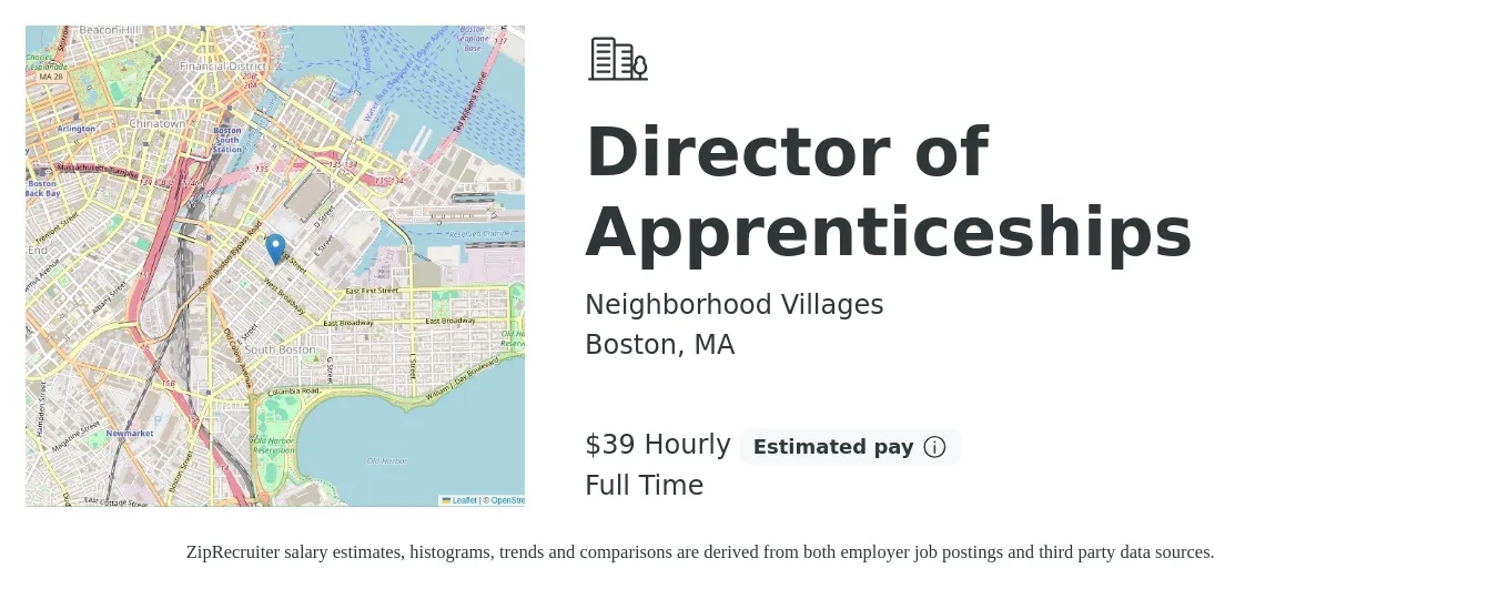 Neighborhood Villages job posting for a Director of Apprenticeships in Boston, MA with a salary of $85,000 Yearly with a map of Boston location.