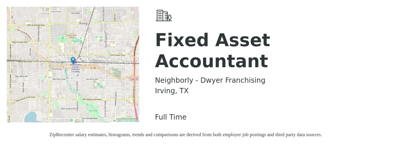 Neighborly - Dwyer Franchising job posting for a Fixed Asset Accountant in Irving, TX with a salary of $60,500 to $75,400 Yearly with a map of Irving location.