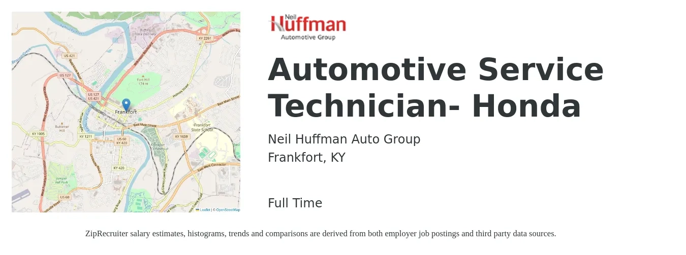 Neil Huffman Auto Group job posting for a Automotive Service Technician- Honda in Frankfort, KY with a salary of $16 to $27 Hourly with a map of Frankfort location.