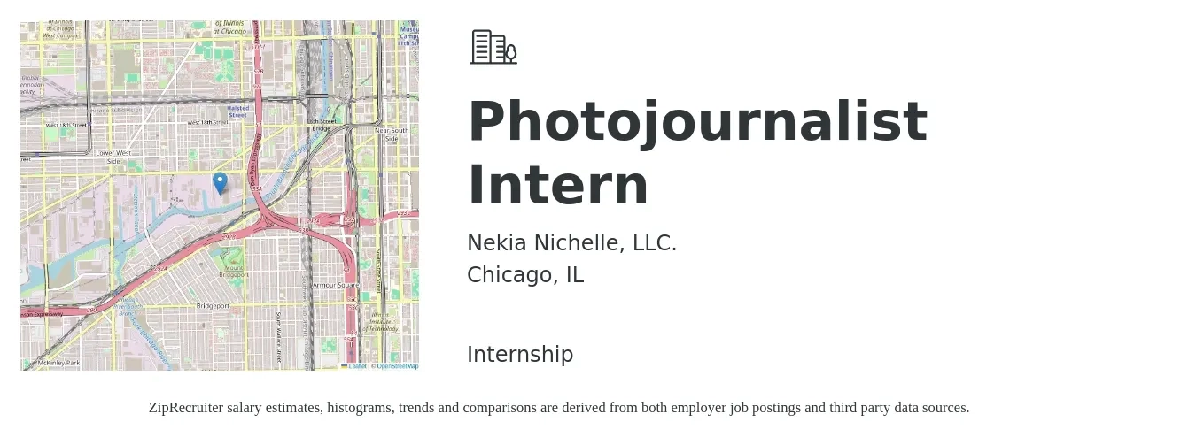 Nekia Nichelle, LLC. job posting for a Photojournalist Intern in Chicago, IL with a salary of $10 to $19 Hourly with a map of Chicago location.