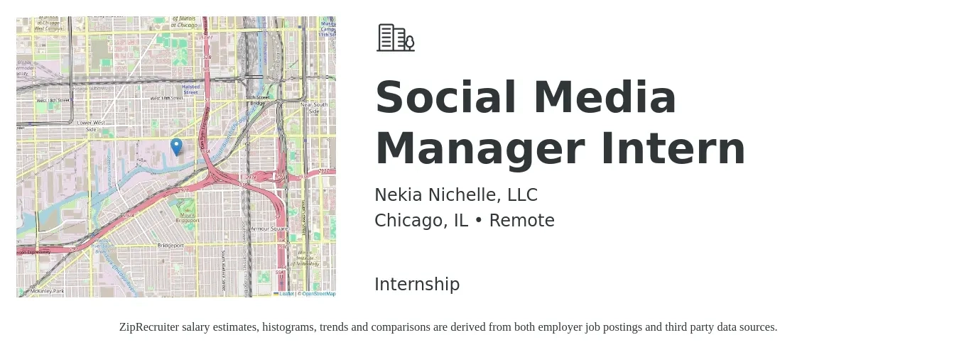 Nekia Nichelle, LLC. job posting for a Social Media Manager Intern in Chicago, IL with a salary of $16 to $20 Hourly with a map of Chicago location.
