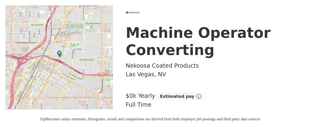 Nekoosa Coated Products job posting for a Machine Operator Converting in Las Vegas, NV with a salary of $17 to $19 Yearly with a map of Las Vegas location.