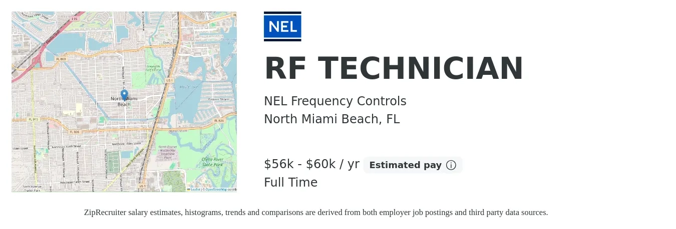 NEL Frequency Controls job posting for a RF TECHNICIAN in North Miami Beach, FL with a salary of $56,500 to $60,000 Yearly with a map of North Miami Beach location.
