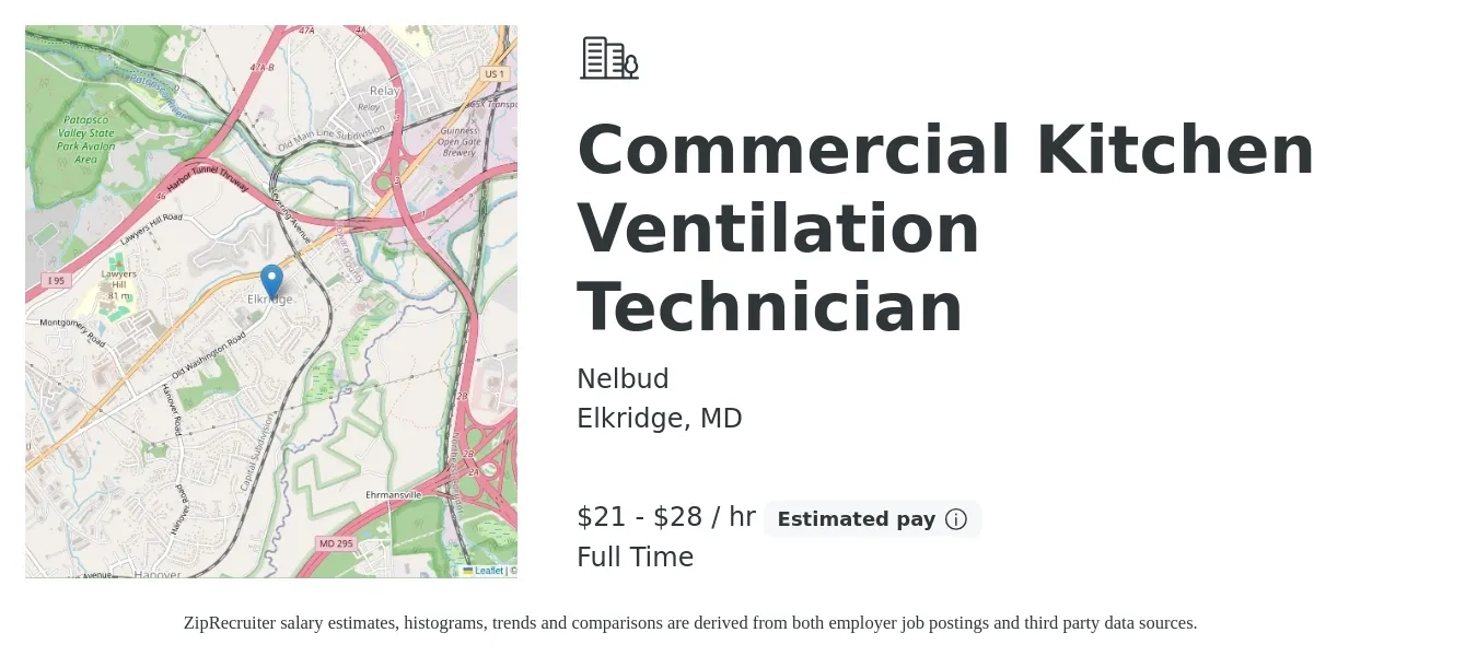 Nelbud job posting for a Commercial Kitchen Ventilation Technician in Elkridge, MD with a salary of $22 to $30 Hourly with a map of Elkridge location.