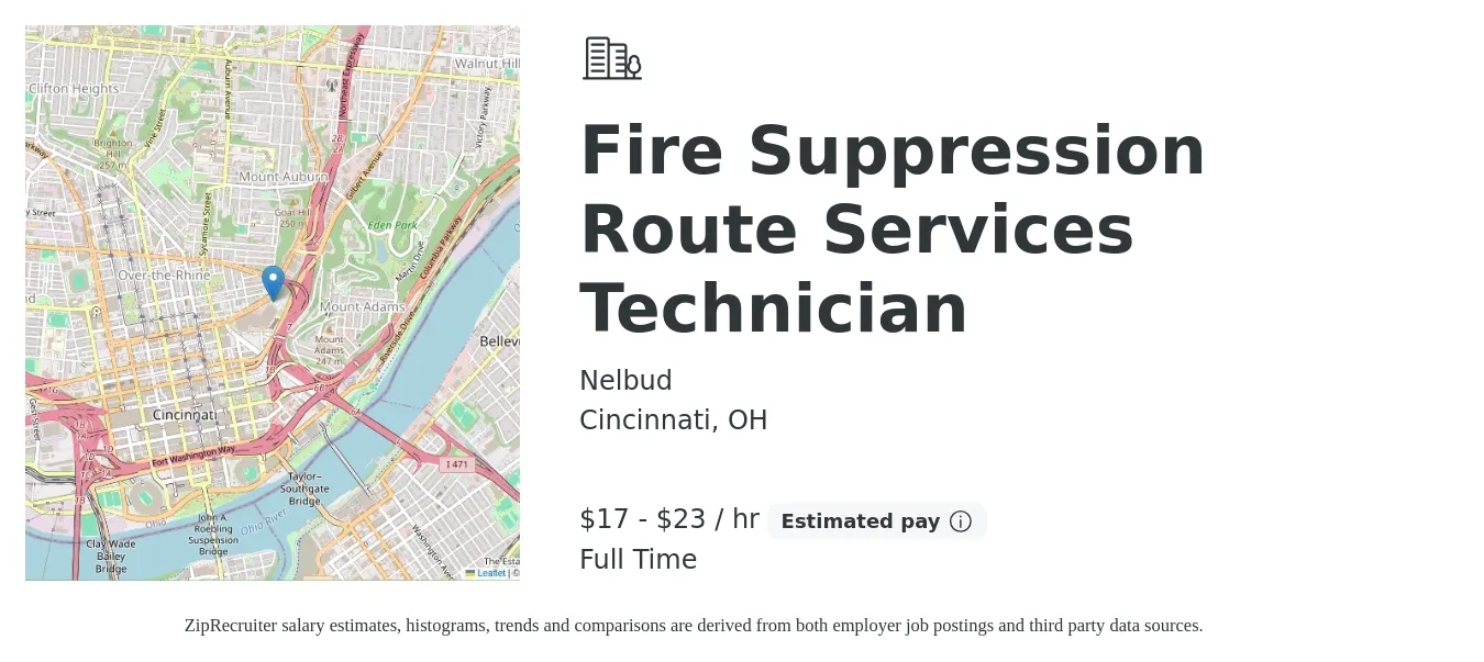 Nelbud job posting for a Fire Suppression Route Services Technician in Cincinnati, OH with a salary of $18 to $24 Hourly with a map of Cincinnati location.