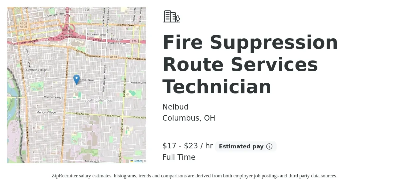 Nelbud job posting for a Fire Suppression Route Services Technician in Columbus, OH with a salary of $18 to $24 Hourly with a map of Columbus location.