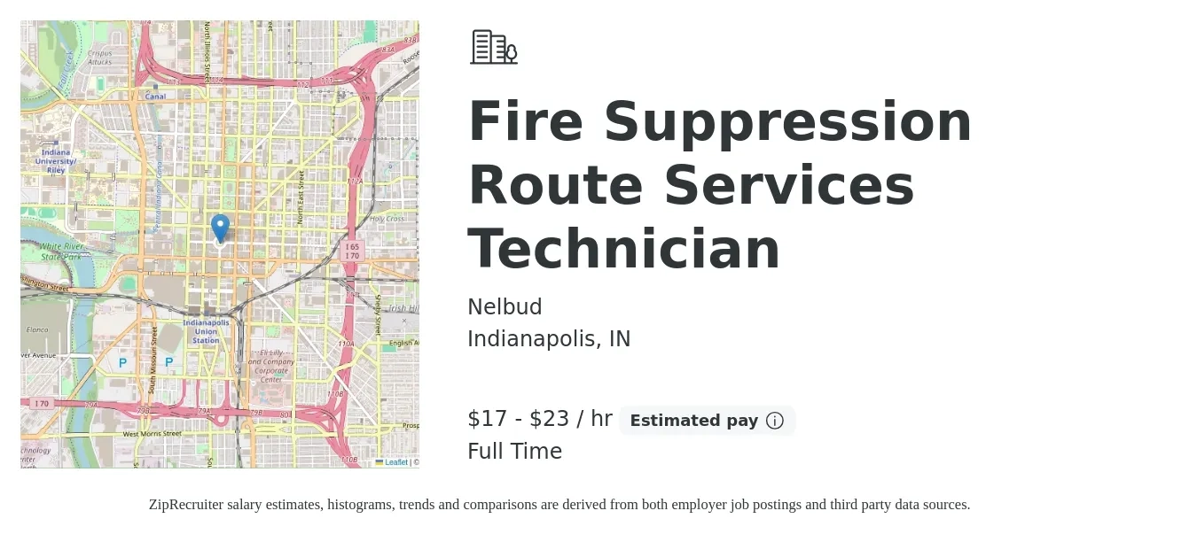 Nelbud job posting for a Fire Suppression Route Services Technician in Indianapolis, IN with a salary of $18 to $24 Hourly with a map of Indianapolis location.
