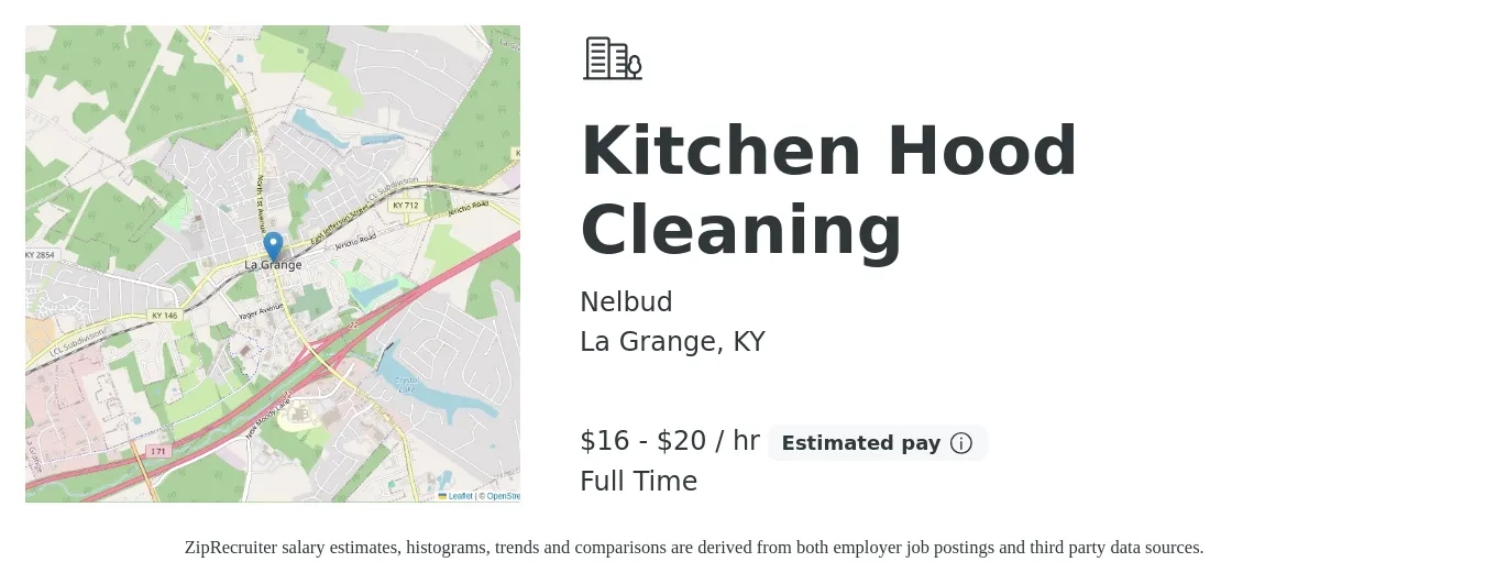 Nelbud job posting for a Kitchen Hood Cleaning in La Grange, KY with a salary of $17 to $21 Hourly with a map of La Grange location.