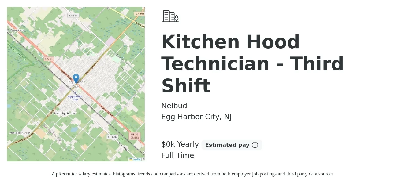 Nelbud job posting for a Kitchen Hood Technician - Third Shift in Egg Harbor City, NJ with a salary of $17 Yearly with a map of Egg Harbor City location.
