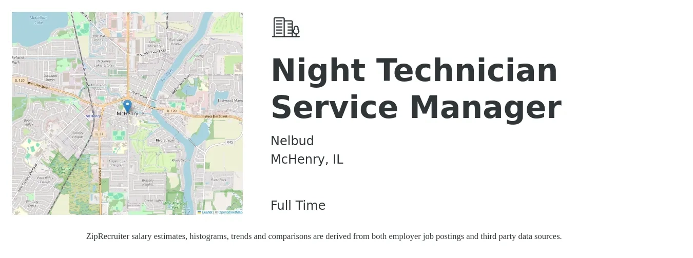 Nelbud job posting for a Night Technician Service Manager in McHenry, IL with a salary of $50,000 to $55,000 Yearly with a map of McHenry location.