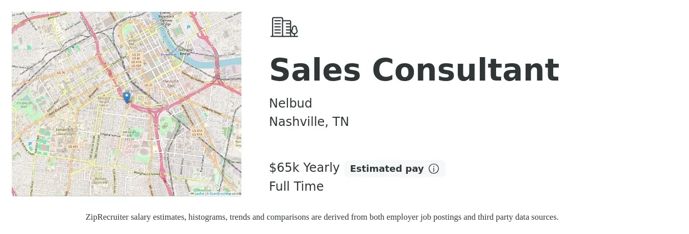 Nelbud job posting for a Sales Consultant in Nashville, TN with a salary of $65,000 Yearly with a map of Nashville location.