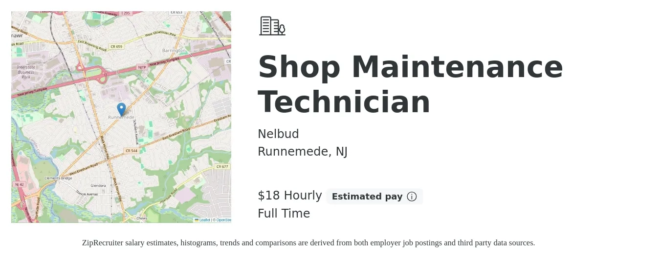 Nelbud job posting for a Shop Maintenance Technician in Runnemede, NJ with a salary of $19 Hourly with a map of Runnemede location.