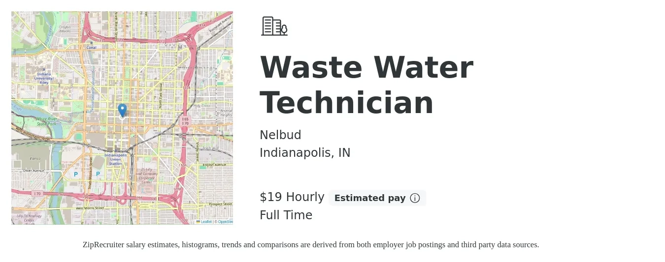 Nelbud job posting for a Waste Water Technician in Indianapolis, IN with a salary of $20 Hourly with a map of Indianapolis location.