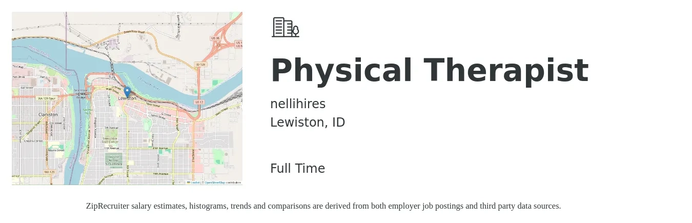 nellihires job posting for a Physical Therapist in Lewiston, ID with a salary of $1,660 to $2,150 Weekly with a map of Lewiston location.
