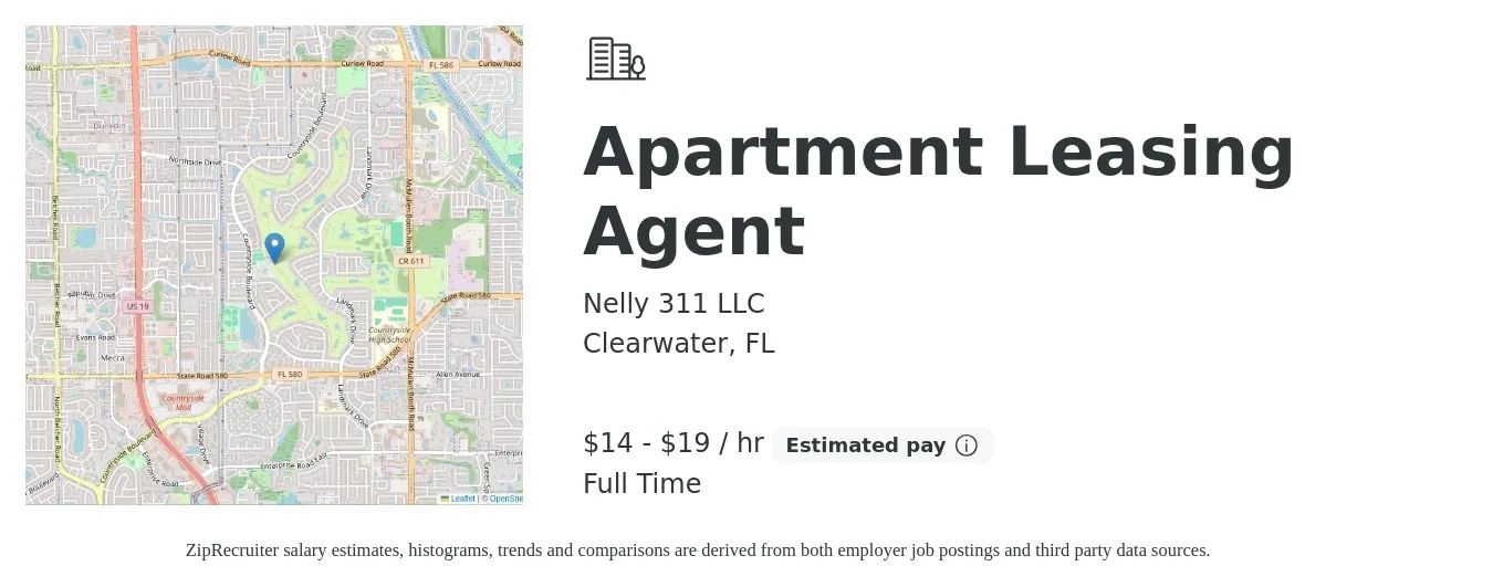 Nelly 311 LLC job posting for a Apartment Leasing Agent in Clearwater, FL with a salary of $15 to $20 Hourly (plus commission) and benefits including retirement with a map of Clearwater location.