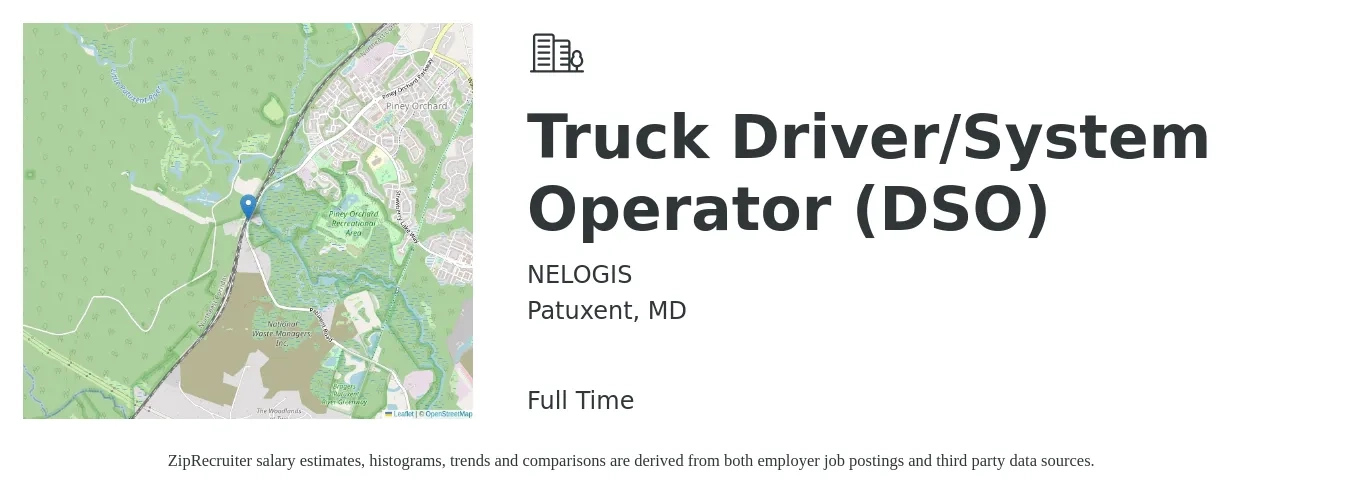 NELOGIS job posting for a Truck Driver/System Operator (DSO) in Patuxent, MD with a salary of $23 to $29 Hourly with a map of Patuxent location.