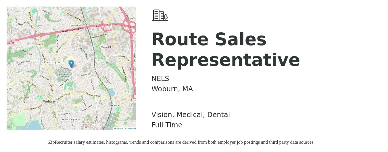 NELS job posting for a Route Sales Representative in Woburn, MA with a salary of $48,700 to $62,400 Yearly and benefits including vision, dental, medical, and retirement with a map of Woburn location.