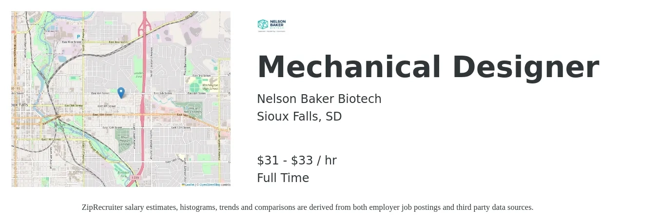 Nelson Baker Biotech job posting for a Mechanical Designer in Sioux Falls, SD with a salary of $33 to $35 Hourly with a map of Sioux Falls location.