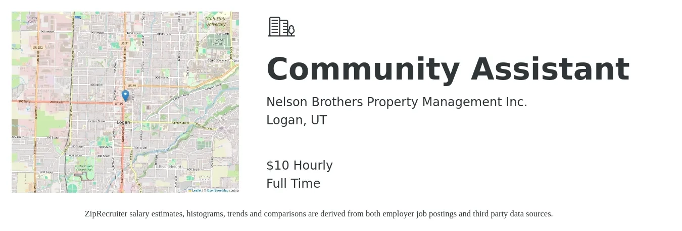 Nelson Brothers Property Management Inc. job posting for a Community Assistant in Logan, UT with a salary of $11 Hourly with a map of Logan location.