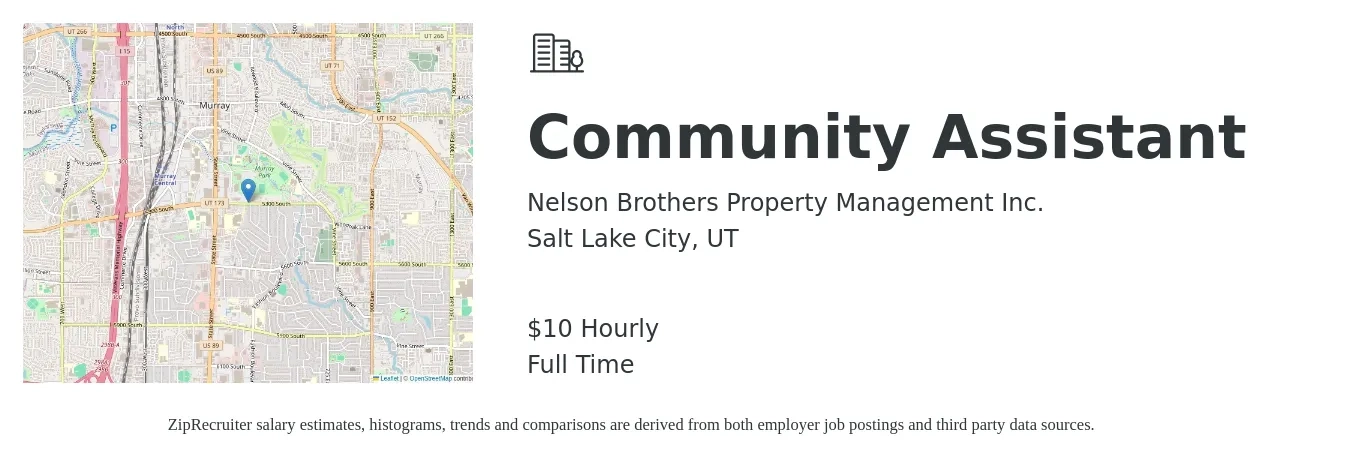 Nelson Brothers Property Management Inc. job posting for a Community Assistant in Salt Lake City, UT with a salary of $11 Hourly with a map of Salt Lake City location.