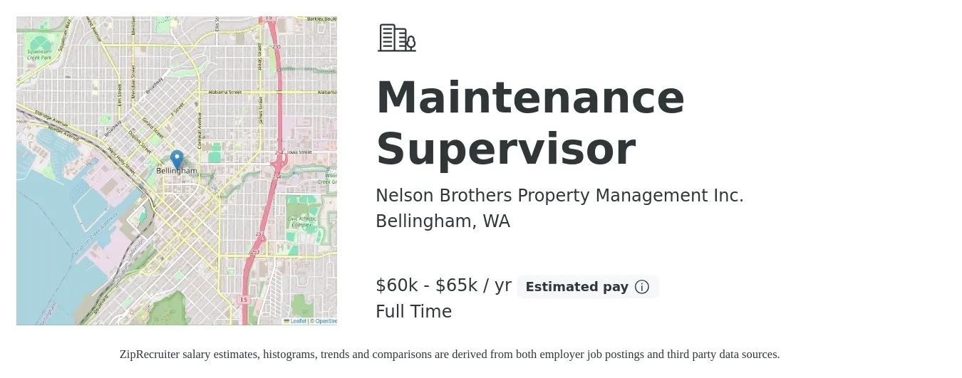 Nelson Brothers Property Management Inc. job posting for a Maintenance Supervisor in Bellingham, WA with a salary of $60,000 to $65,000 Yearly with a map of Bellingham location.