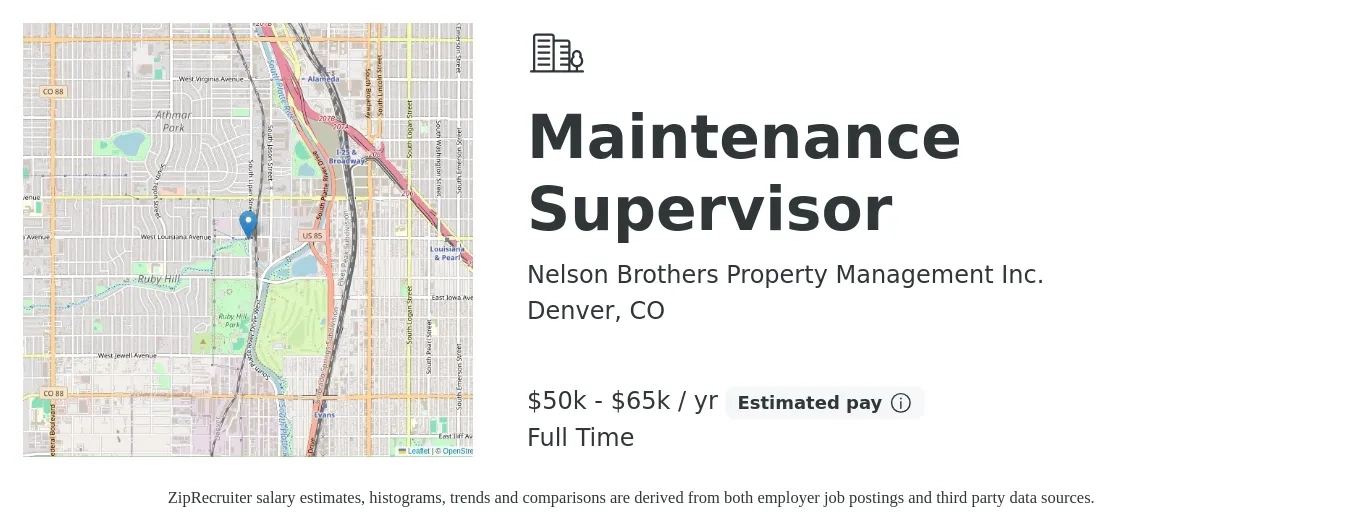 Nelson Brothers Property Management Inc. job posting for a Maintenance Supervisor in Denver, CO with a salary of $50,000 to $65,000 Yearly with a map of Denver location.