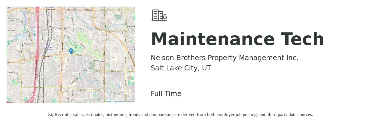 Nelson Brothers Property Management Inc. job posting for a Maintenance Tech in Salt Lake City, UT with a salary of $19 to $26 Hourly with a map of Salt Lake City location.