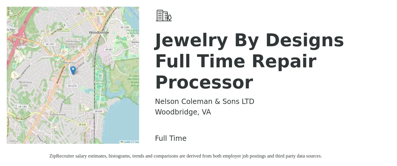 Nelson Coleman & Sons LTD job posting for a Jewelry By Designs Full Time Repair Processor in Woodbridge, VA with a salary of $16 to $21 Hourly with a map of Woodbridge location.