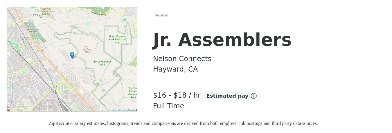 Nelson Connects job posting for a Jr. Assemblers in Hayward, CA with a salary of $17 to $19 Hourly with a map of Hayward location.