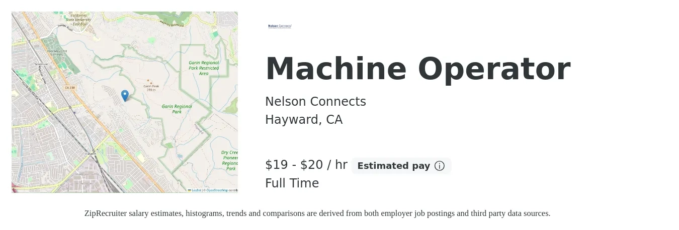 Nelson Connects job posting for a Machine Operator in Hayward, CA with a salary of $20 to $21 Hourly with a map of Hayward location.