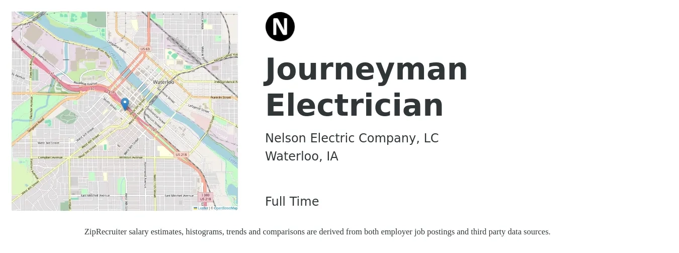 Nelson Electric Company, LC job posting for a Journeyman Electrician in Waterloo, IA with a salary of $26 to $36 Hourly with a map of Waterloo location.