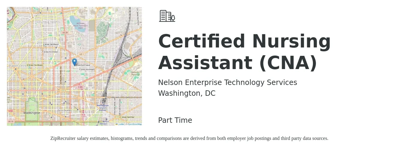Nelson Enterprise Technology Services, LLC (NETS) job posting for a Certified Nursing Assistant CNA in Washington, DC with a salary of $19 to $26 Hourly and benefits including pto, retirement, vision, dental, and medical with a map of Washington location.