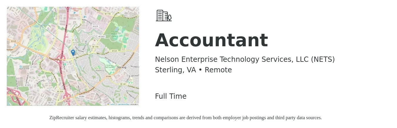 Nelson Enterprise Technology Services, LLC (NETS) job posting for a Accountant in Sterling, VA with a salary of $80,000 to $95,000 Yearly and benefits including pto, retirement, vision, dental, life_insurance, and medical with a map of Sterling location.