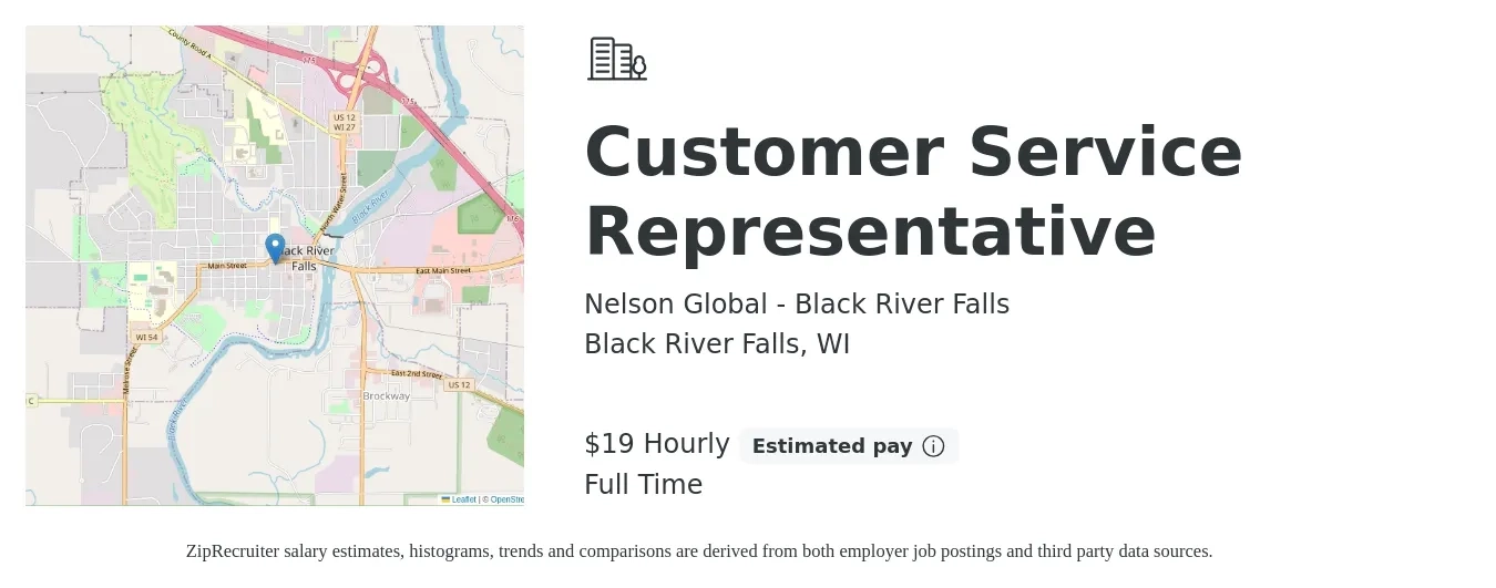 Nelson Global - Black River Falls job posting for a Customer Service Representative in Black River Falls, WI with a salary of $20 Hourly with a map of Black River Falls location.