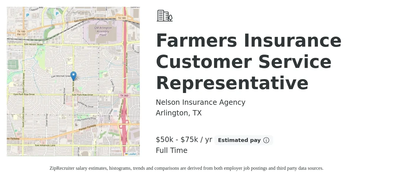 Nelson Insurance Agency job posting for a Farmers Insurance Customer Service Representative in Arlington, TX with a salary of $50,000 to $75,000 Yearly with a map of Arlington location.
