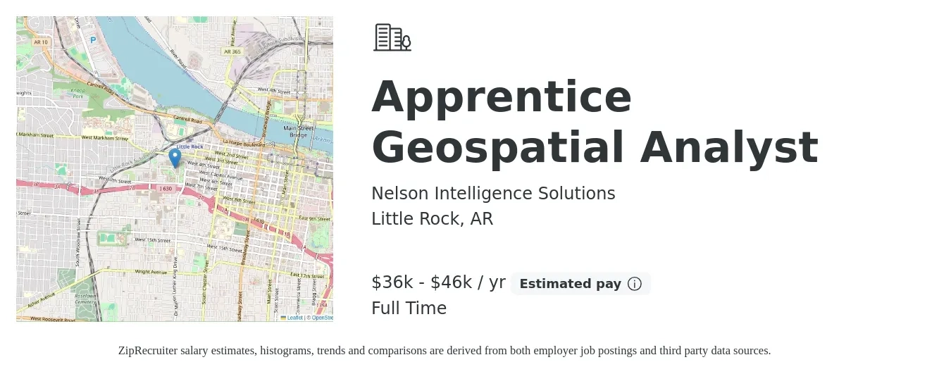 Nelson Intelligence Solutions job posting for a Apprentice Geospatial Analyst in Little Rock, AR with a salary of $36,000 to $46,000 Yearly with a map of Little Rock location.