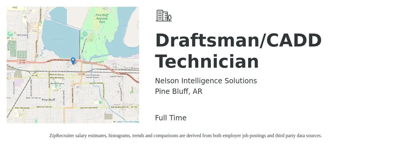 Nelson Intelligence Solutions job posting for a Draftsman/CADD Technician in Pine Bluff, AR with a salary of $44,300 to $69,200 Yearly with a map of Pine Bluff location.