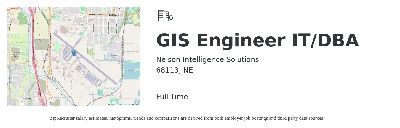 Nelson Intelligence Solutions job posting for a GIS Engineer IT/DBA in 68113, NE with a salary of $68,700 to $109,400 Yearly with a map of 68113 location.